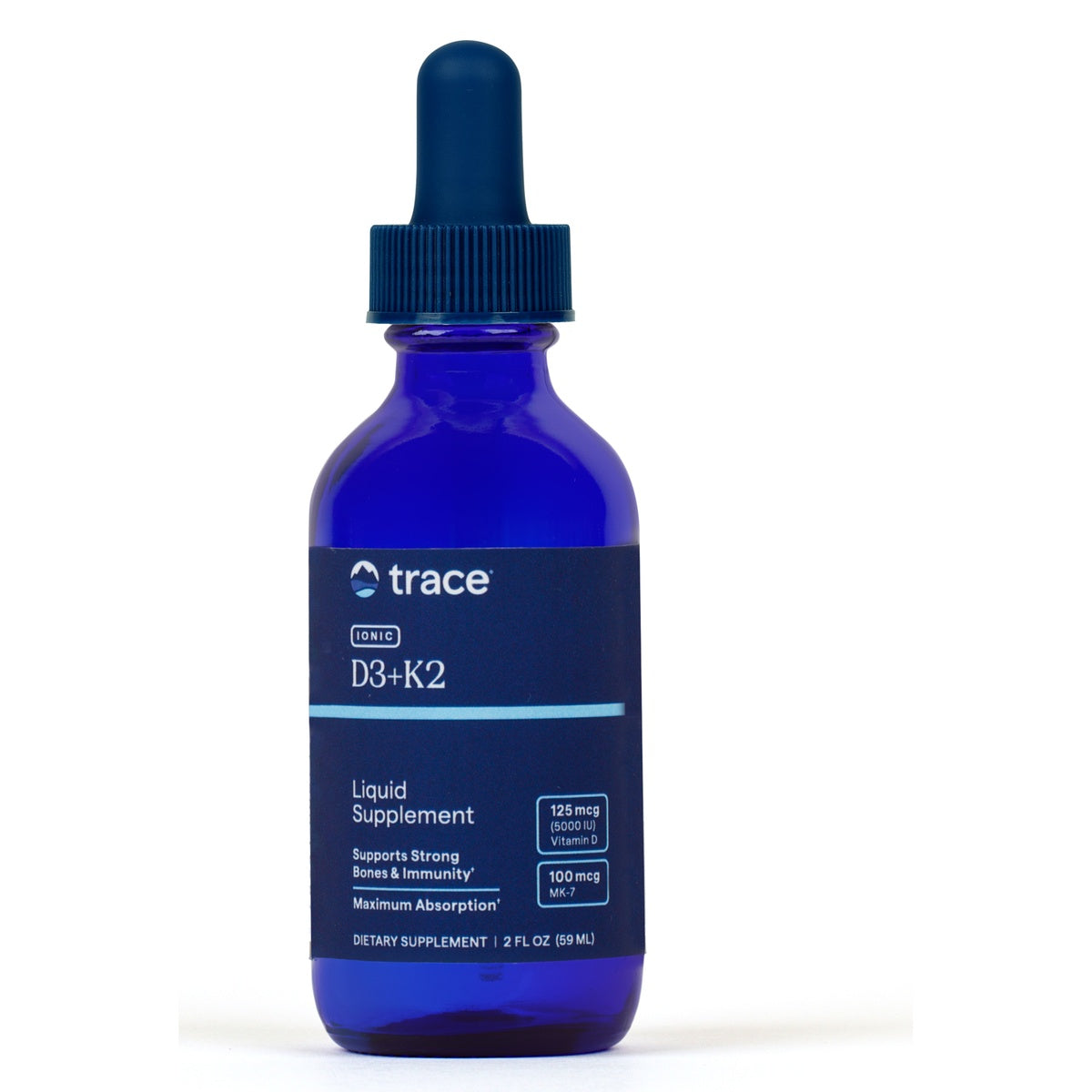TM130 | Trace Ionic D3+K2 liquid supplement in blue dropper bottle, 2 fl oz