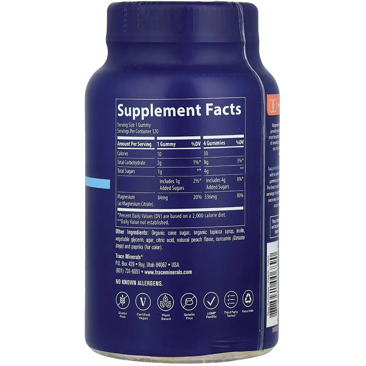 TM138 | Back label with Supplement Facts panel, ingredients list, and certification icons on blue gummy bottle