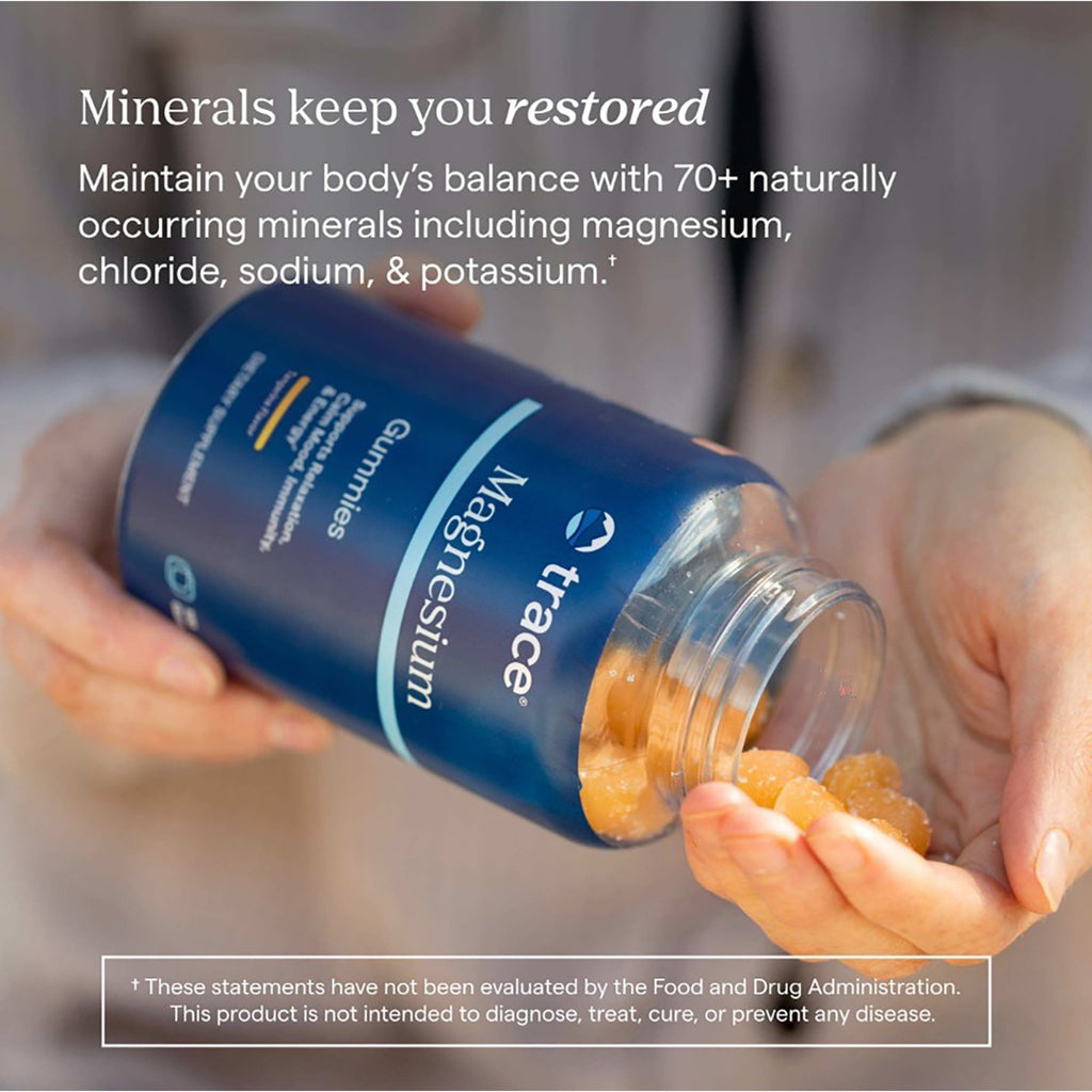 TM138 | Trace Magnesium gummies poured from a blue bottle, with text about 70+ naturally occurring minerals - Thumbnail