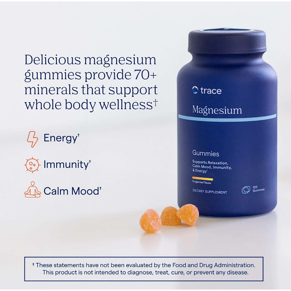 TM138 | Magnesium gummies bottle with benefit callouts for energy, immunity, and calm mood