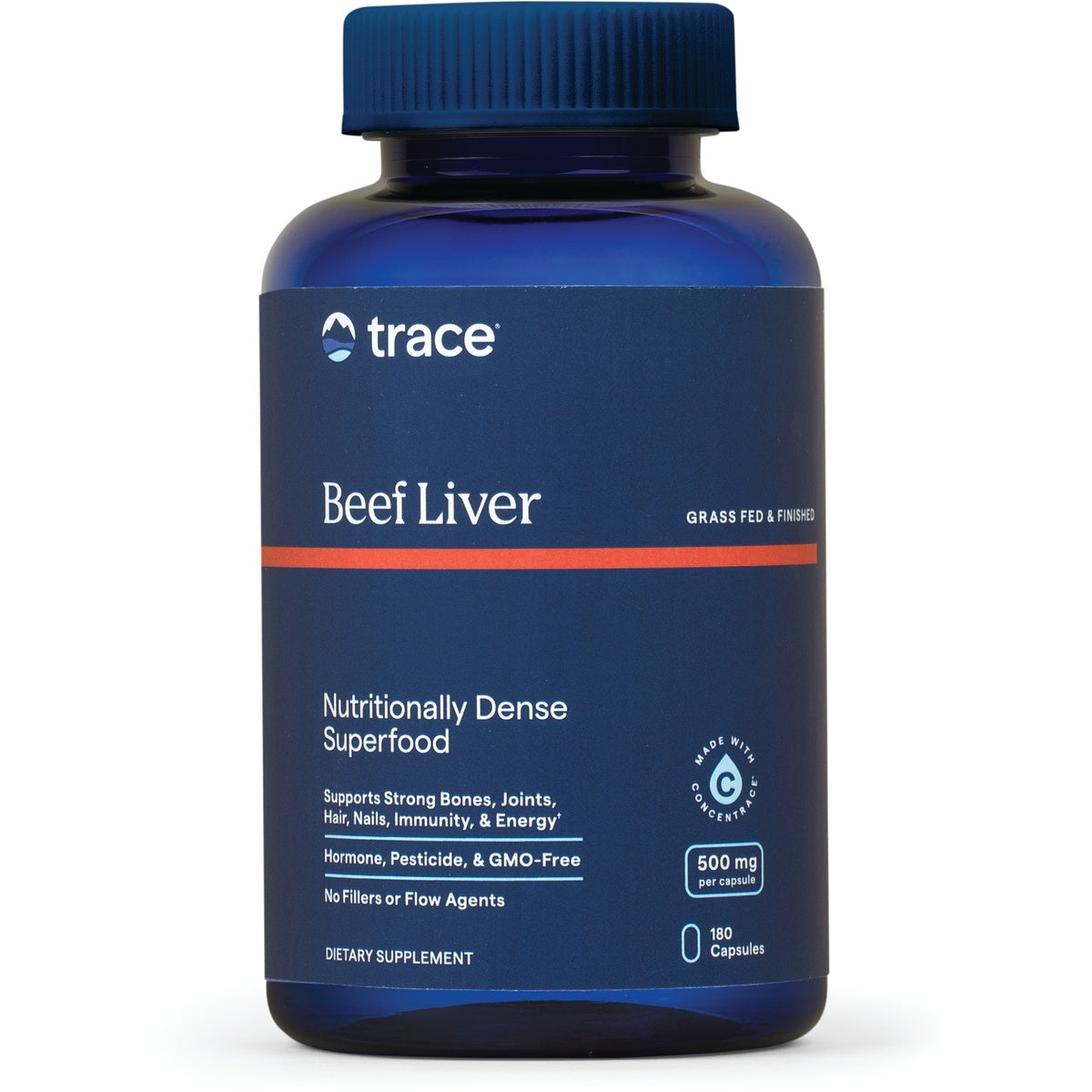 TM144 | Trace Beef Liver supplement bottle, 180 capsules, 500 mg per capsule