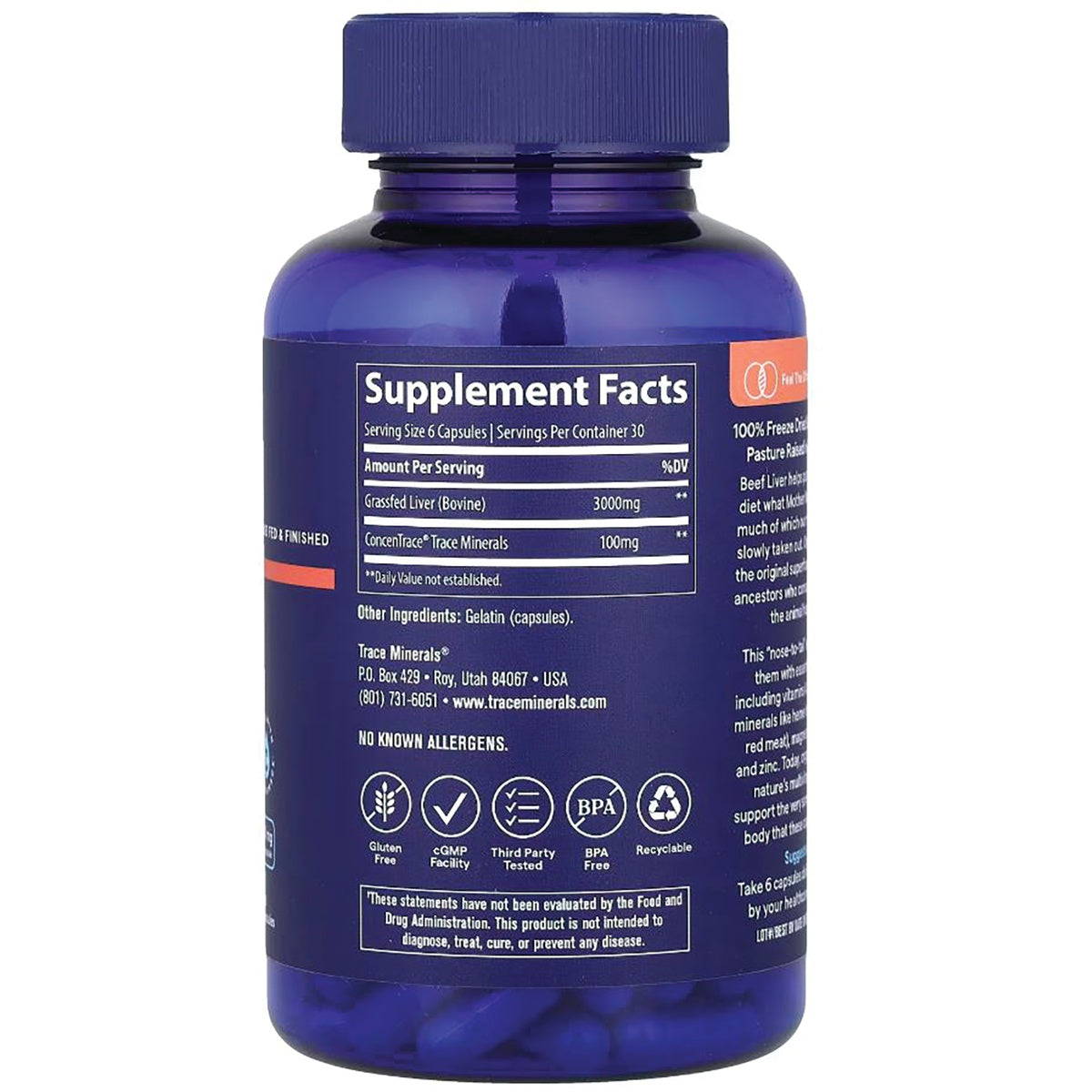 TM144 | Back label with Supplement Facts: Grassfed Liver 3000 mg and ConcenTrace Trace Minerals 100 mg