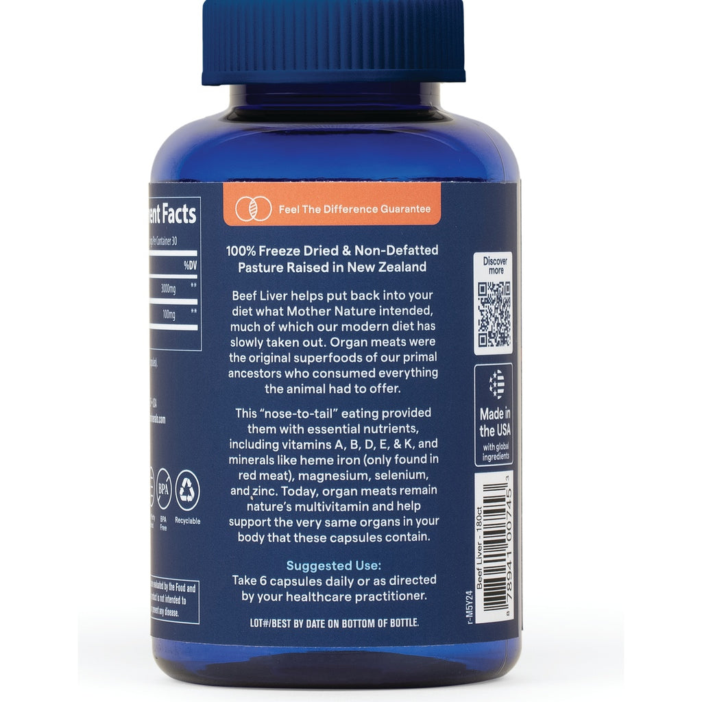 TM144 | Back label of blue supplement bottle; text: 100% Freeze Dried & Non-Defatted, Pasture Raised in New Zealand - Thumbnail