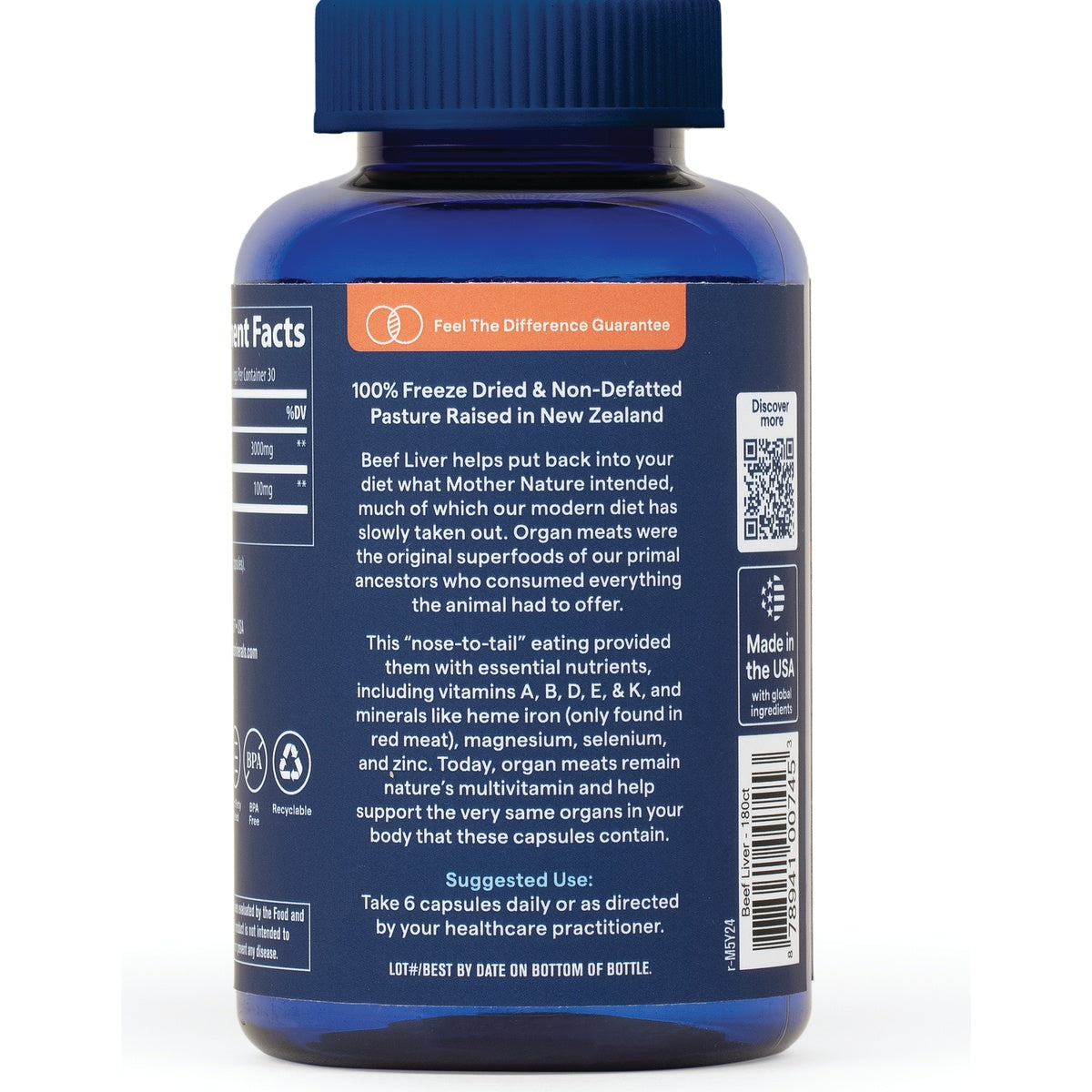 TM144 | Back label of blue supplement bottle; text: 100% Freeze Dried & Non-Defatted, Pasture Raised in New Zealand