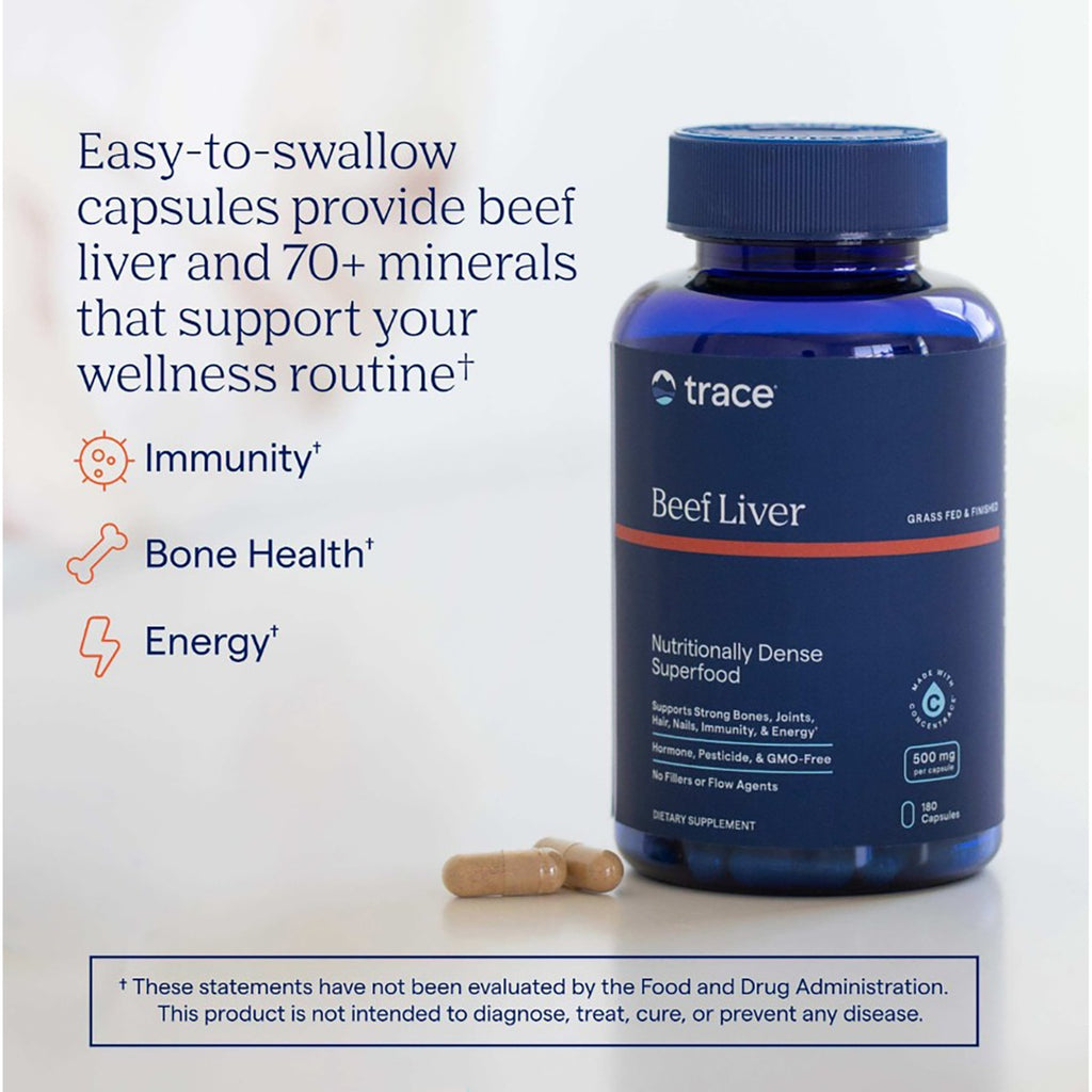 TM144 | Trace Beef Liver capsules bottle with benefit callouts for immunity, bone health, and energy - Thumbnail