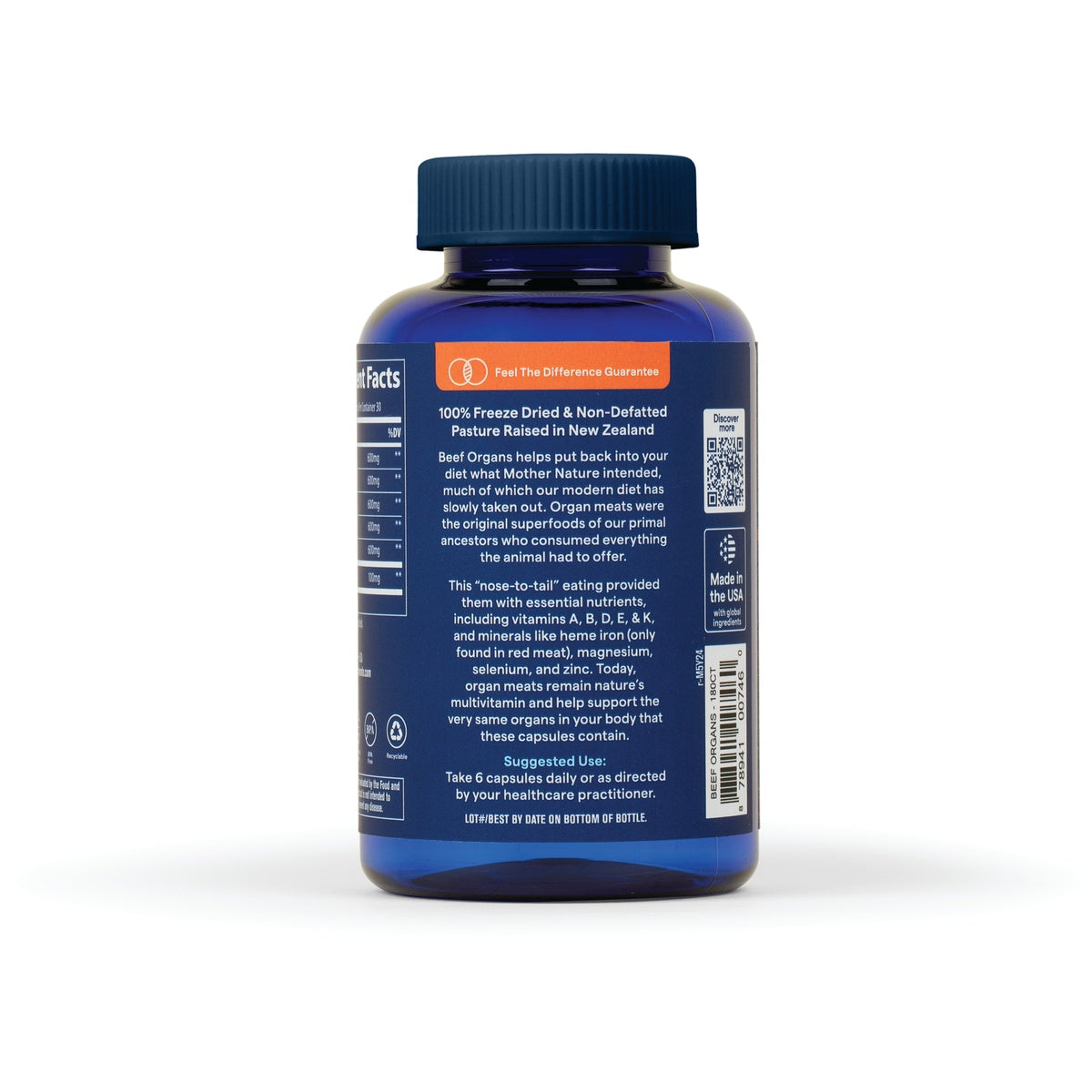 TM143 | Back label of beef organs supplement bottle, blue container with text: Take 6 capsules daily, Made in USA