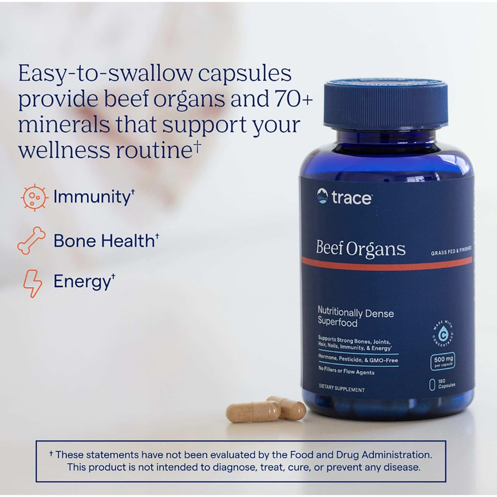 TM143 | Trace Beef Organs supplement bottle with capsules and benefits text for immunity, bone health, and energy - Thumbnail