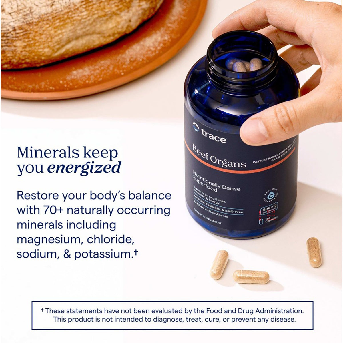 TM143 | Trace Beef Organs supplement bottle with capsules and mineral benefits text
