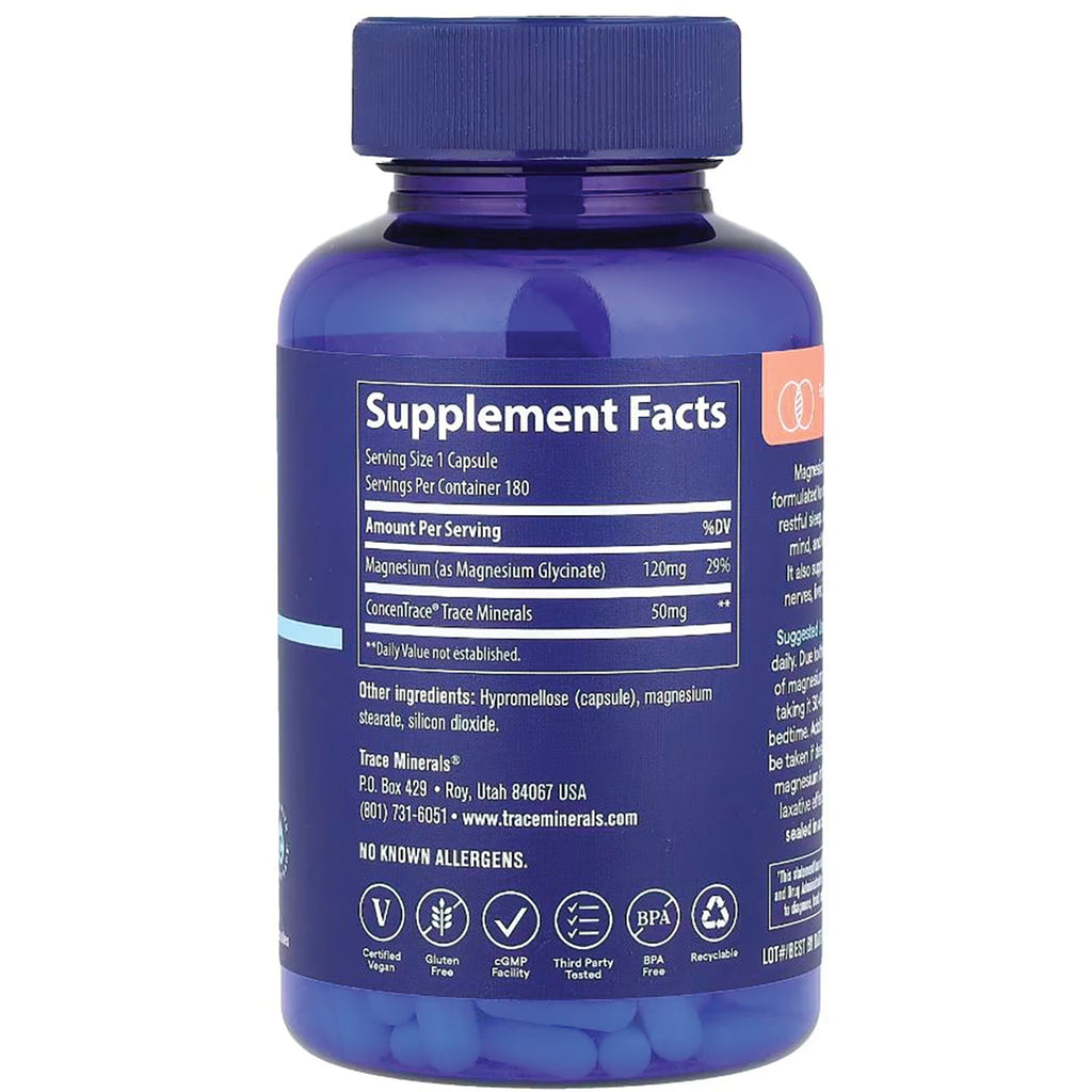 TM152 | Back label with Supplement Facts: Serving Size 1 capsule, Magnesium (as glycinate) 120 mg, Trace Minerals 50 mg - Thumbnail