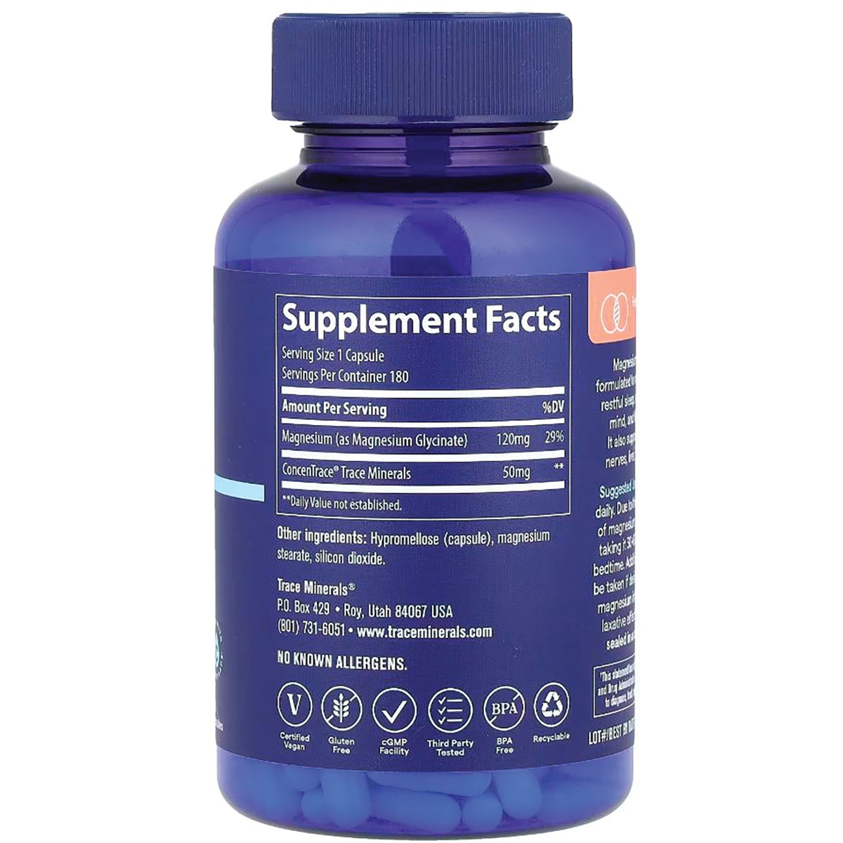 TM152 | Back label with Supplement Facts: Serving Size 1 capsule, Magnesium (as glycinate) 120 mg, Trace Minerals 50 mg