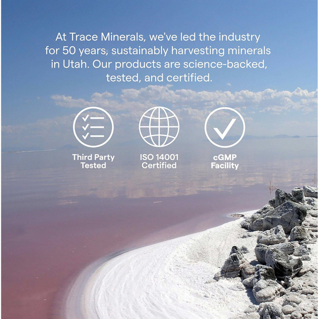 TM152 | Trace Minerals brand infographic with Utah salt lake, sustainability message, and third-party tested icons - Thumbnail