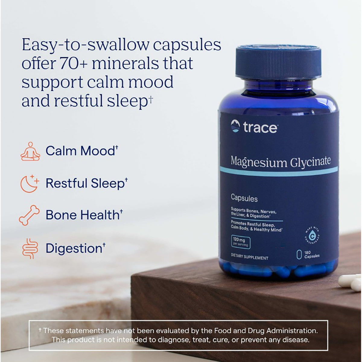 TM152 | Trace Magnesium Glycinate capsules with calm mood, restful sleep, bone health, and digestion claims