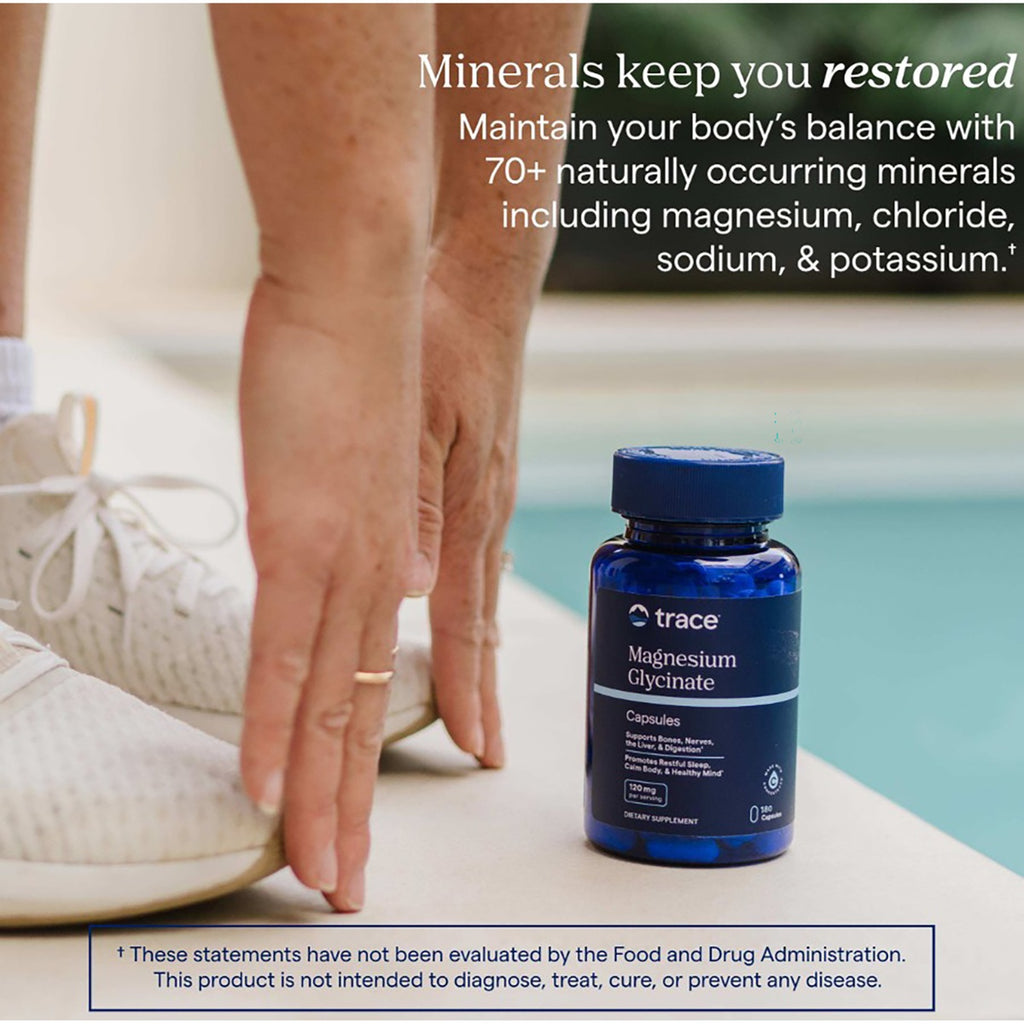 TM152 | Trace Magnesium Glycinate capsules shown beside a person stretching by a pool with mineral benefits text - Thumbnail