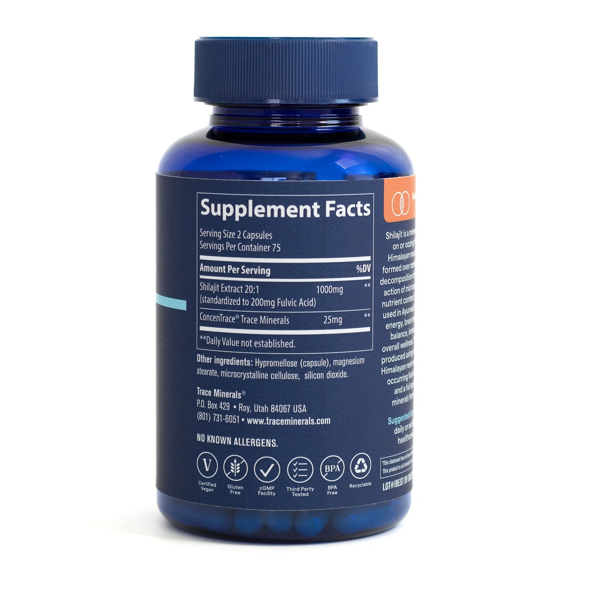 TM156 | Back label Supplement Facts: Serving size 2 capsules; Shilajit Extract 20:1 1000 mg; ConcenTrace Trace Minerals 25 mg