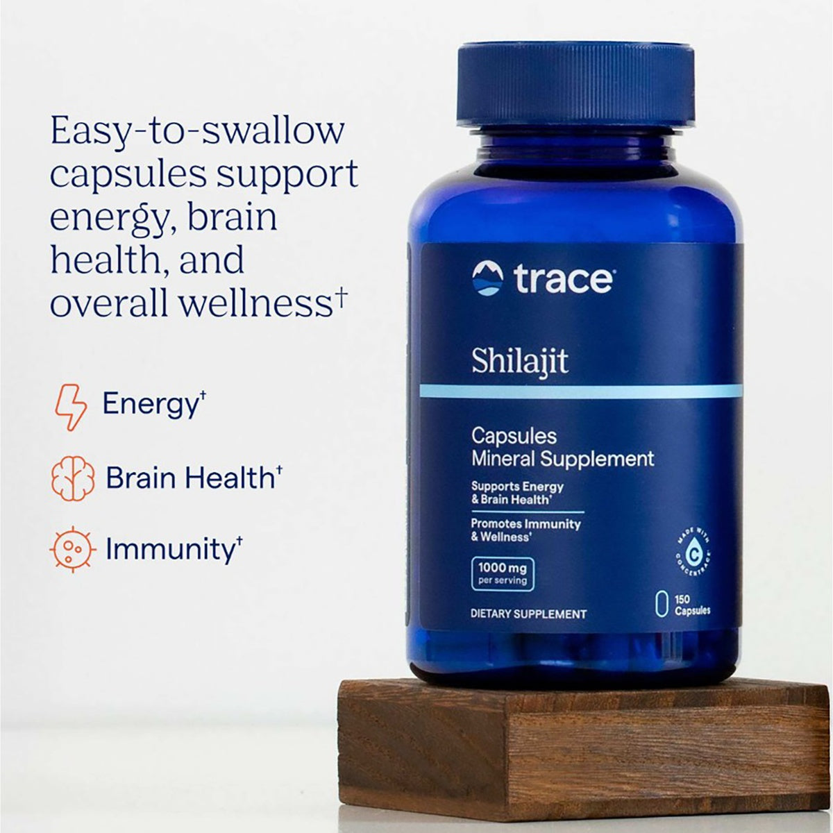 TM156 | Trace Shilajit Capsules bottle with energy, brain health, and immunity claims