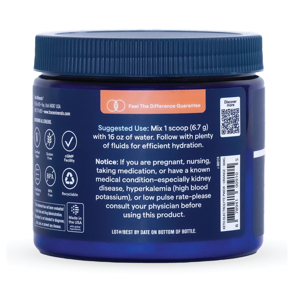 TM162 | Back label of blue jar showing Suggested Use: Mix 1 scoop (6.7 g) with 16 oz water, notice, and QR code