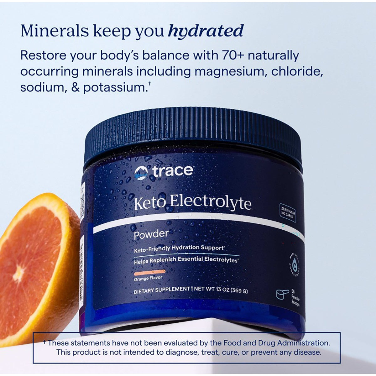 TM162 | Trace Keto Electrolyte Powder jar in orange flavor with hydration benefits and mineral claims
