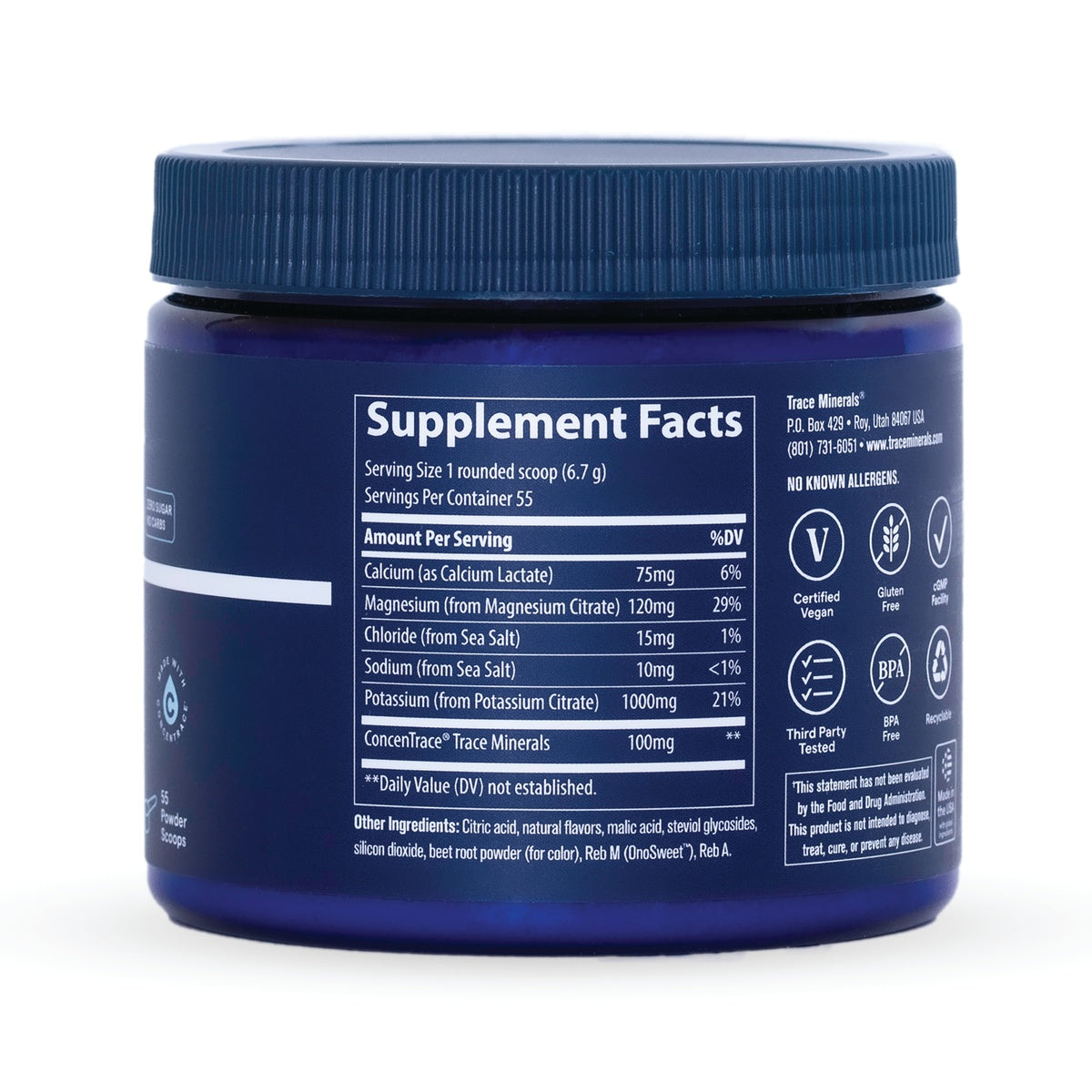TM163 | Back label with Supplement Facts panel and icons: Certified Vegan, Gluten Free, BPA Free, Third Party Tested
