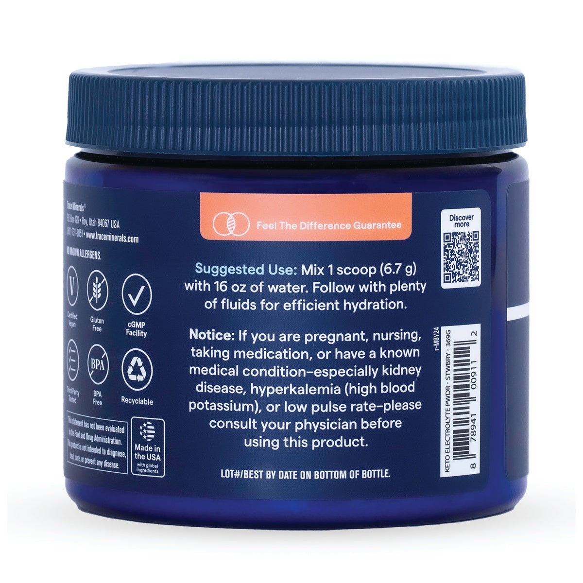 TM163 | Back label of electrolyte powder jar with Suggested Use: Mix 1 scoop (6.7 g) with 16 oz of water, QR code, icons