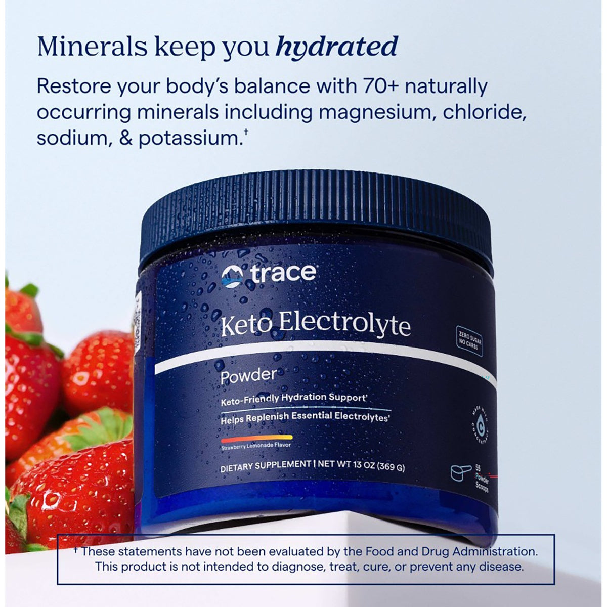 TM163 | Trace Keto Electrolyte Powder jar with strawberry imagery and text about 70+ minerals for hydration