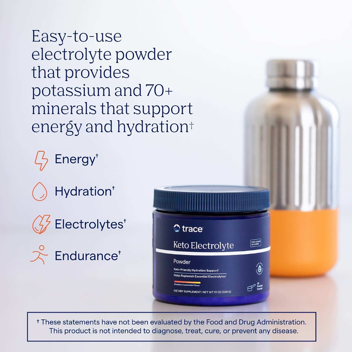 TM163 | Trace Keto Electrolyte powder jar with benefits for energy, hydration, electrolytes, and endurance