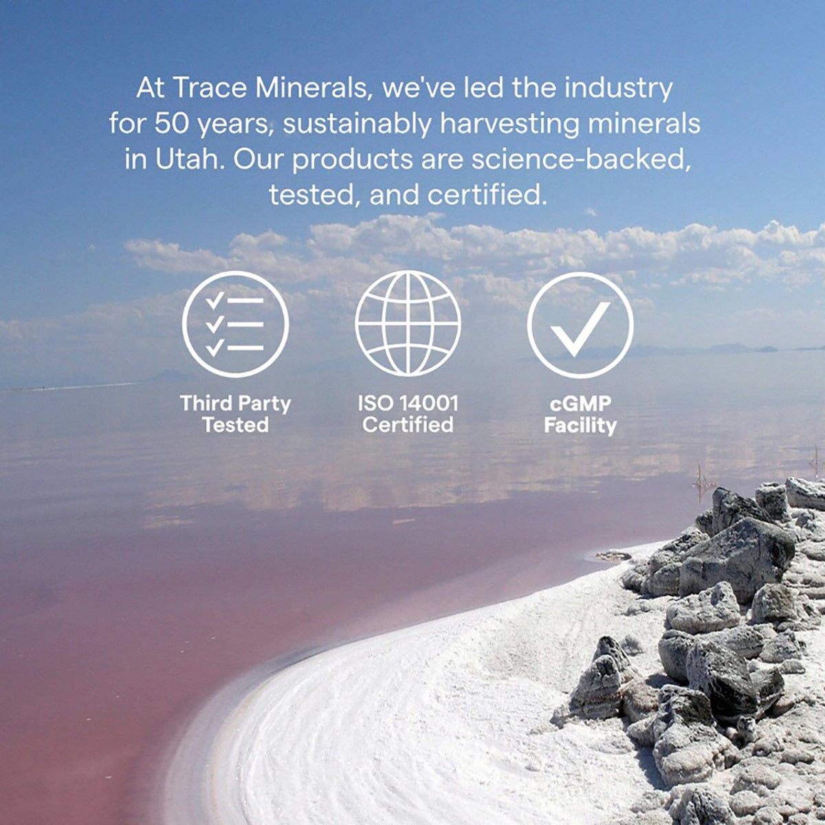 TM163 | Trace Minerals brand infographic highlighting third-party tested, ISO 14001 certified, and cGMP facility