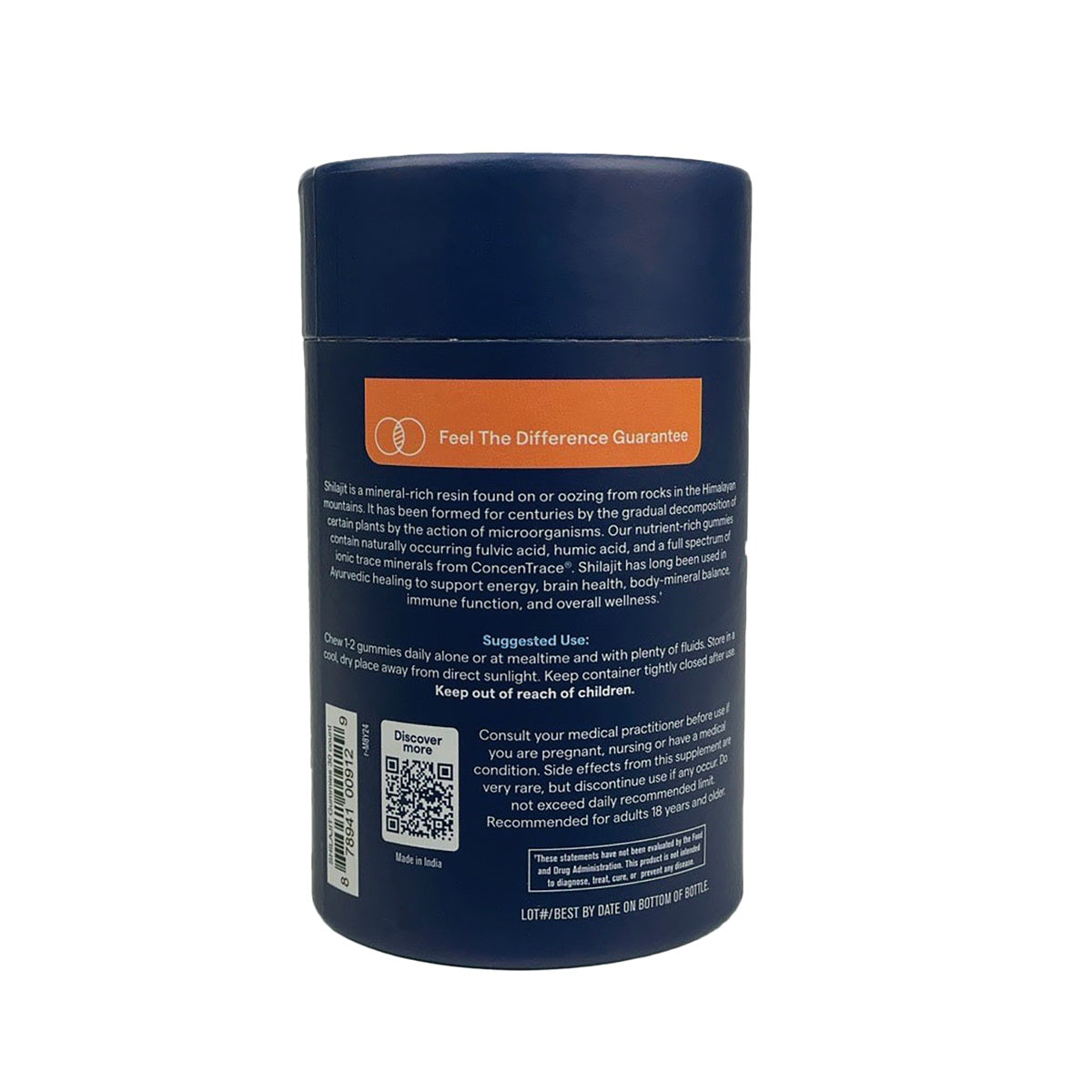 TM164 | Back of supplement bottle showing Feel The Difference Guarantee, directions, QR code, and barcode