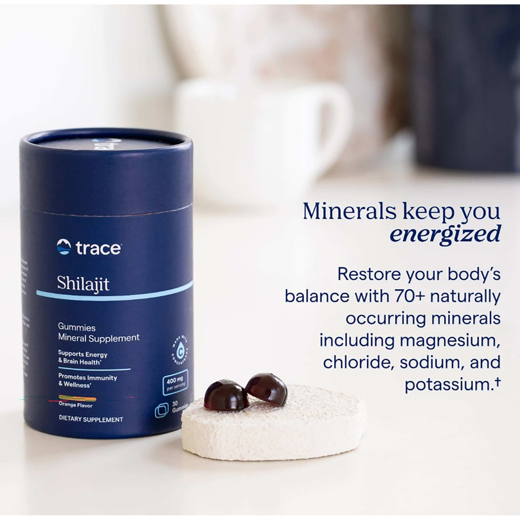 TM164 | Trace Shilajit Gummies supplement jar with two gummies and mineral benefit text - Thumbnail