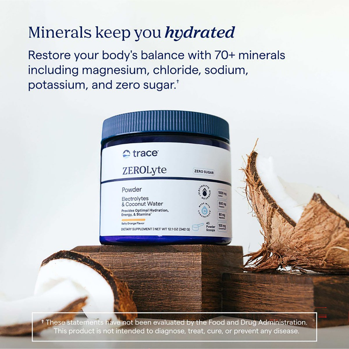 TM168 | Trace ZEROLyte powder jar with coconut pieces and text about 70+ minerals and zero sugar