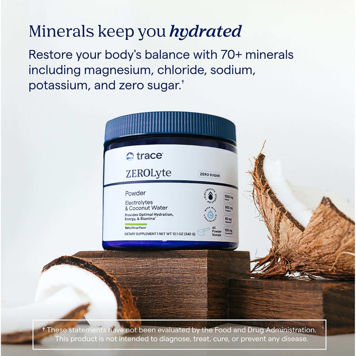 TM169 | Trace ZeroLyte powder jar with coconut and mineral hydration claim