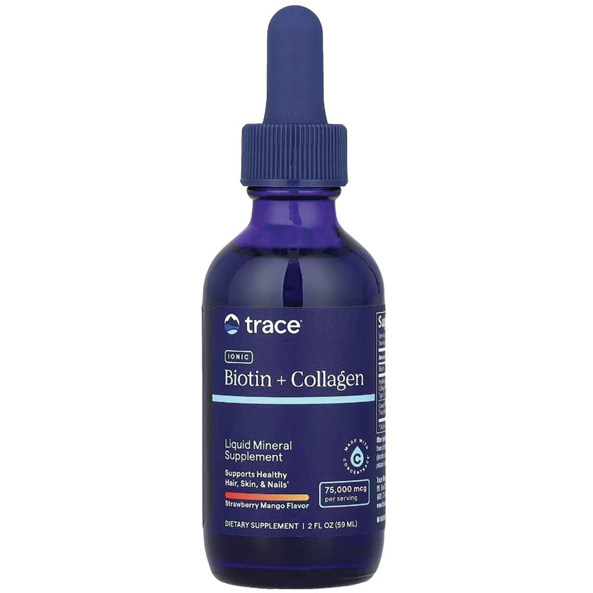 TM147 | Trace Ionic Biotin + Collagen liquid mineral supplement, strawberry mango flavor, 2 fl oz dropper bottle