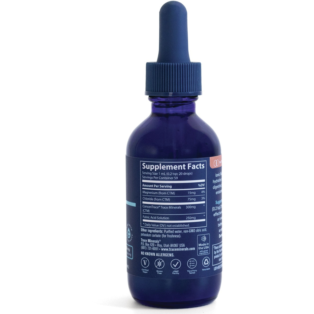 TM126 | Back of blue dropper bottle showing Supplement Facts panel and ingredients