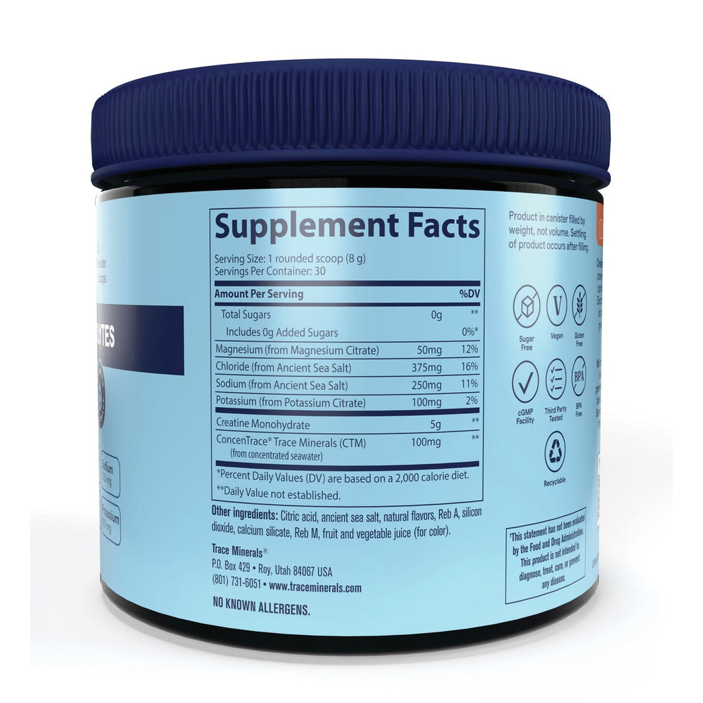 TM175 | Supplement Facts panel on a Trace Minerals canister with ingredients and certification icons - Thumbnail