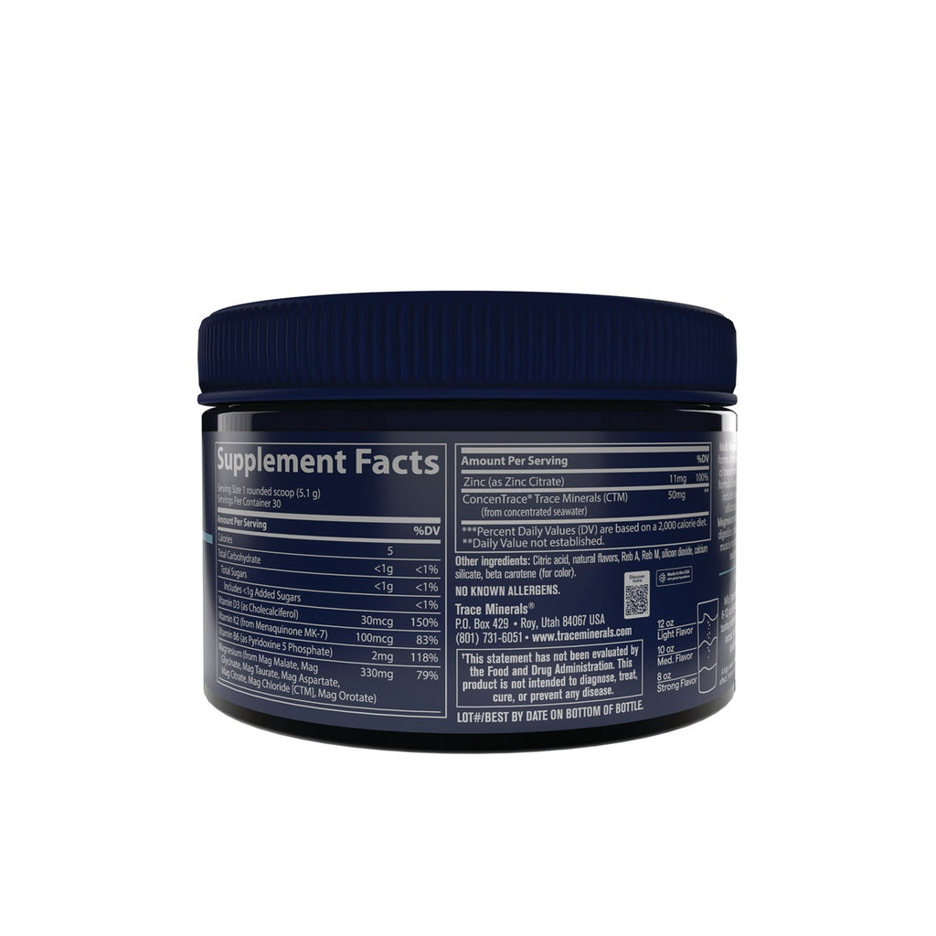 TM177 | Supplement Facts panel on a navy Trace Minerals supplement jar - Thumbnail