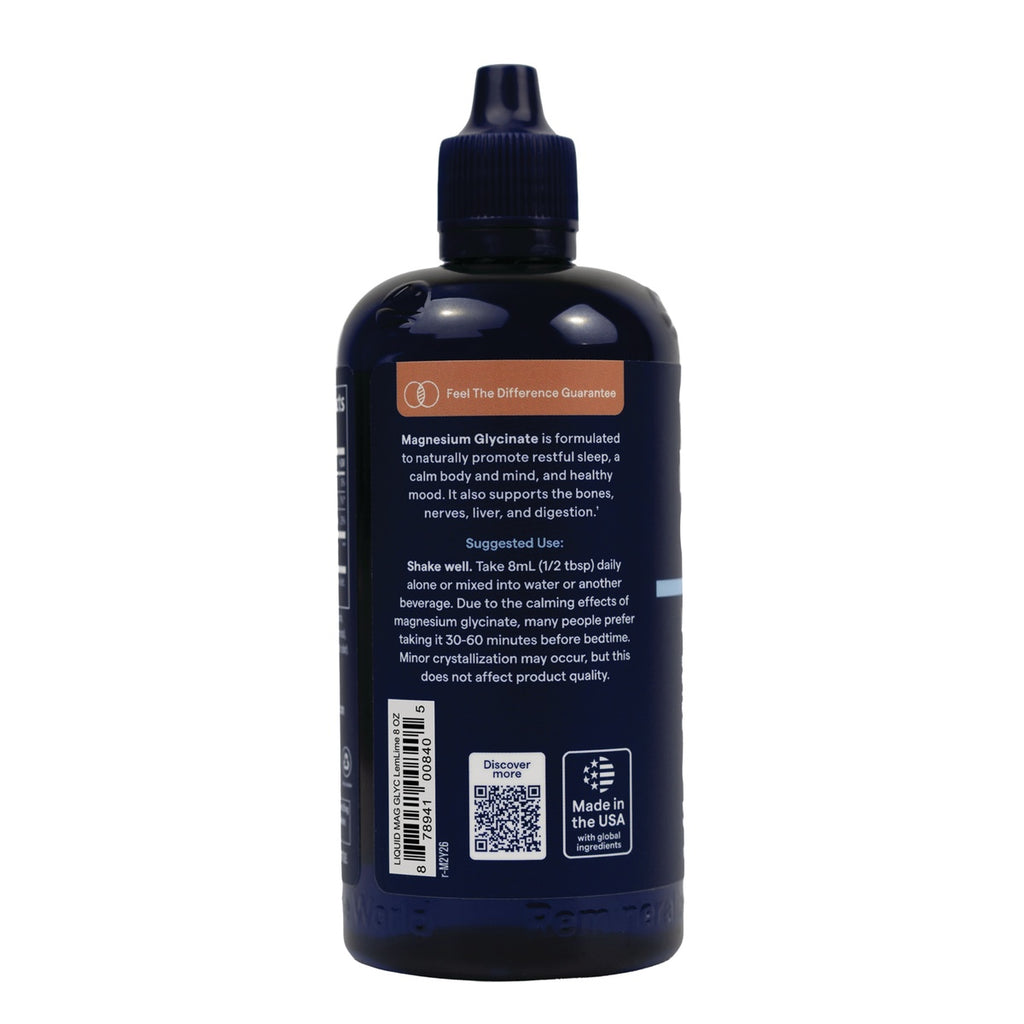 TM178 | Back of liquid magnesium glycinate bottle with suggested use, QR code, and Made in the USA badge - Thumbnail