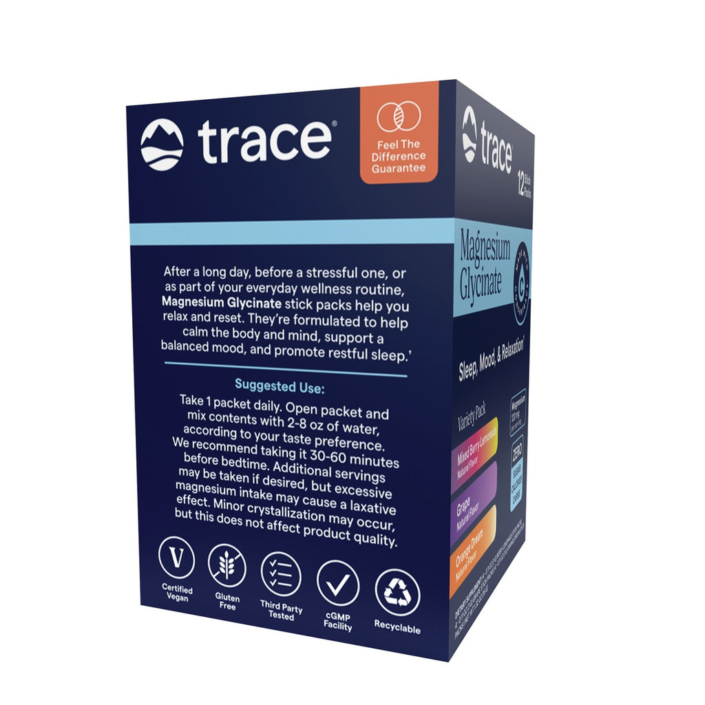 TM179 | Trace Magnesium Glycinate stick packs box with flavor variety and certified vegan icons - Thumbnail