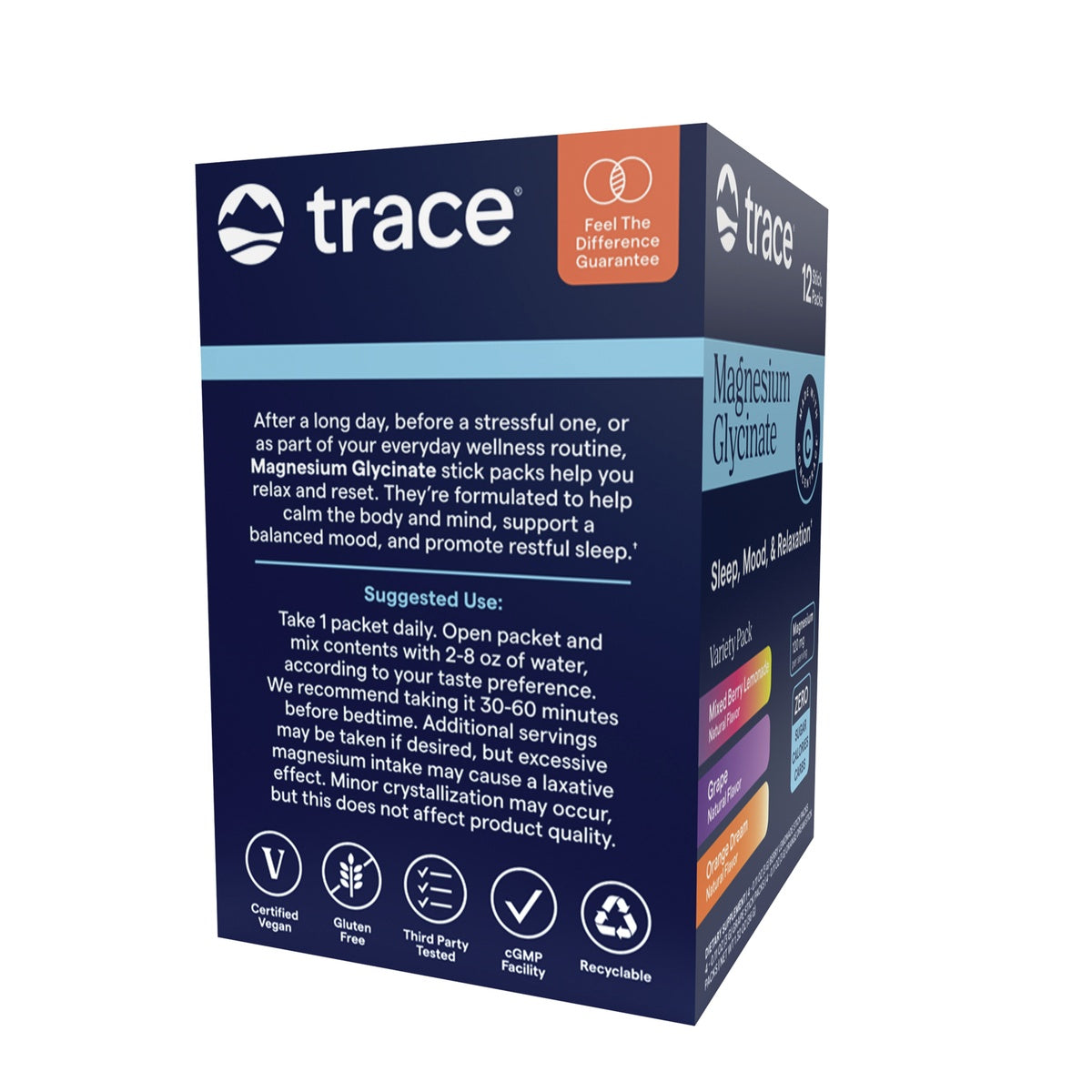 TM179 | Trace Magnesium Glycinate stick packs box with flavor variety and certified vegan icons