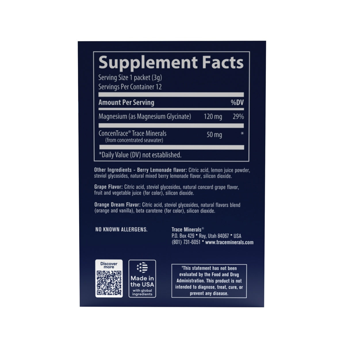 TM179 | Supplement Facts panel for Trace Minerals magnesium and trace minerals powder packets