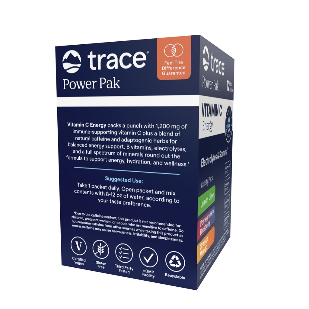 TM180 | Trace Power Pak Vitamin C Energy variety pack box with lemon lime, pomegranate blueberry, and orange mango flavors - Thumbnail