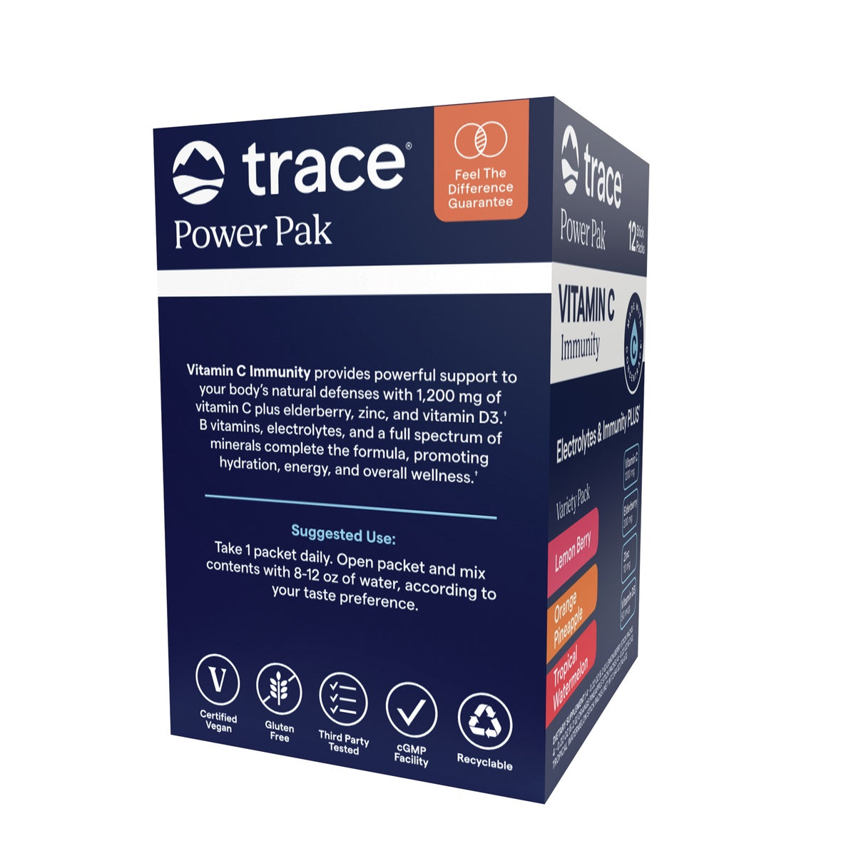 TM181 | Trace Power Pak Vitamin C Immunity variety pack box with certified vegan and recyclable icons
