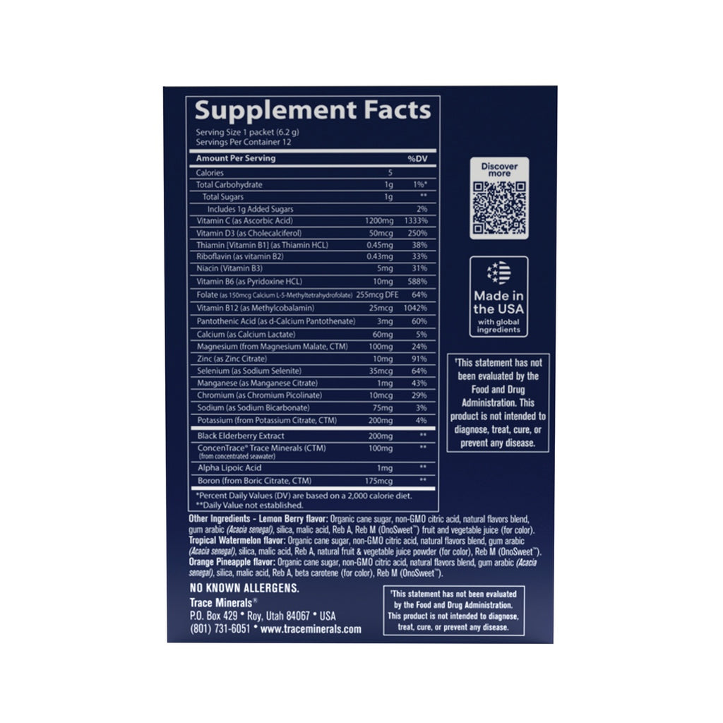 TM181 | Supplement Facts panel for Trace Minerals drink mix with QR code, made in the USA badge, and ingredients - Thumbnail