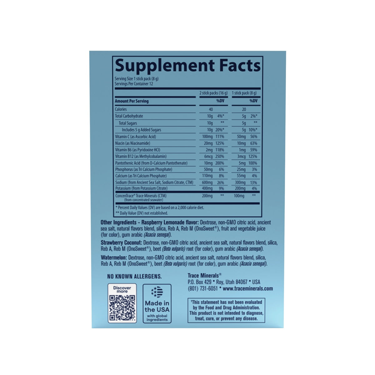 TM182 | Supplement Facts panel for Trace Minerals drink mix with flavors, ingredients, and QR code
