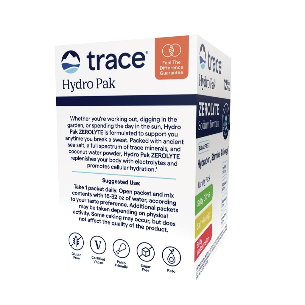 TM183 | Trace Hydro Pak ZEROlyte hydration drink mix box with 12 stick packs and flavor variety - Thumbnail