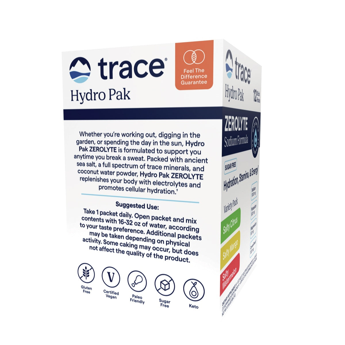 TM183 | Trace Hydro Pak ZEROlyte hydration drink mix box with 12 stick packs and flavor variety