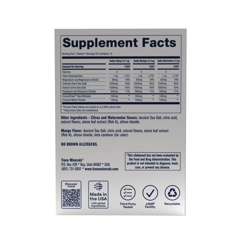 TM183 | Supplement Facts panel for Trace Minerals electrolyte drink mix, with flavors and ingredients listed - Thumbnail