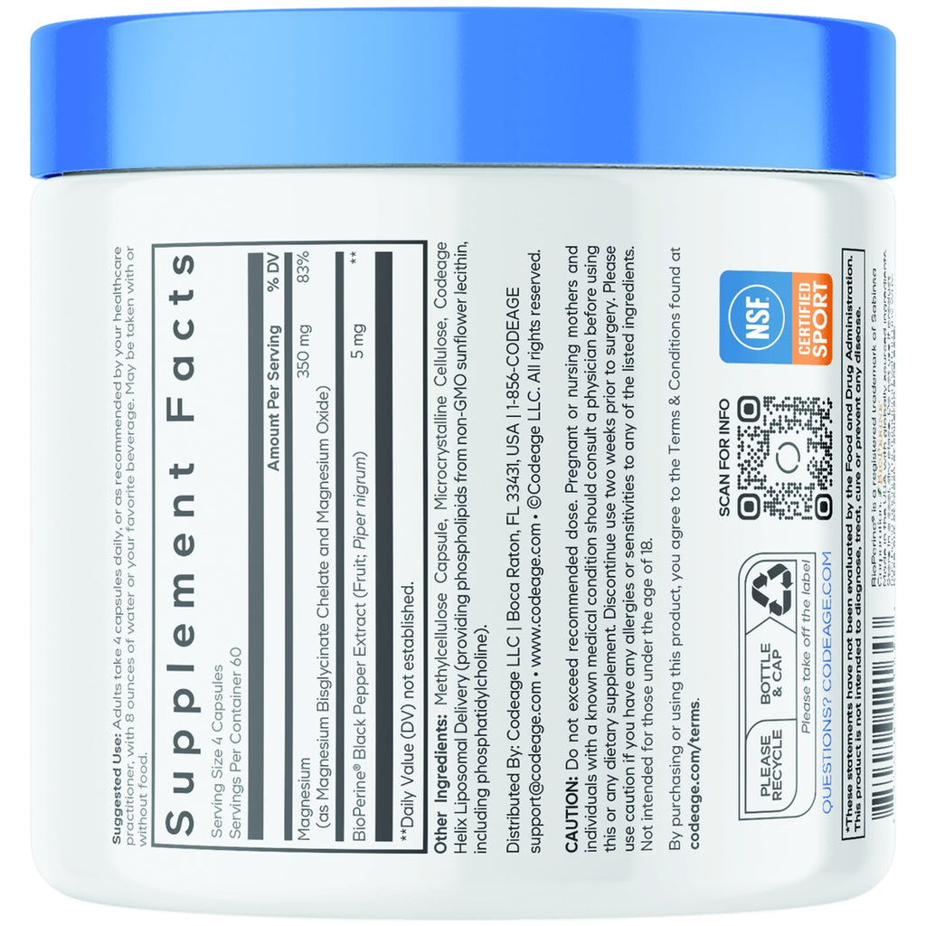 CDG073 | Supplement Facts panel for magnesium capsules with ingredients, directions, and NSF Certified Sport seal - Thumbnail