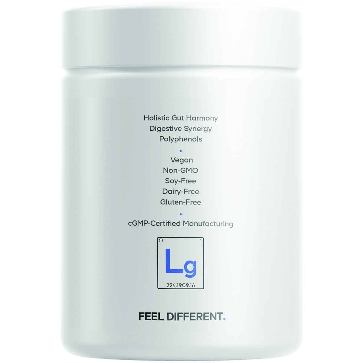 CDG074 | White supplement jar labeled Holistic Gut Harmony, Digestive Synergy, Polyphenols, and Feel Different