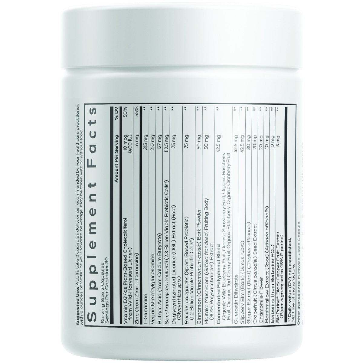 CDG074 | Supplement Facts panel for a white capsule bottle with ingredients and dosage information