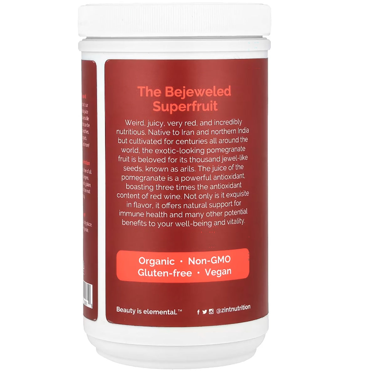 ZIN031 | Zint Nutrition pomegranate superfruit supplement jar with organic, non-GMO, gluten-free, vegan label