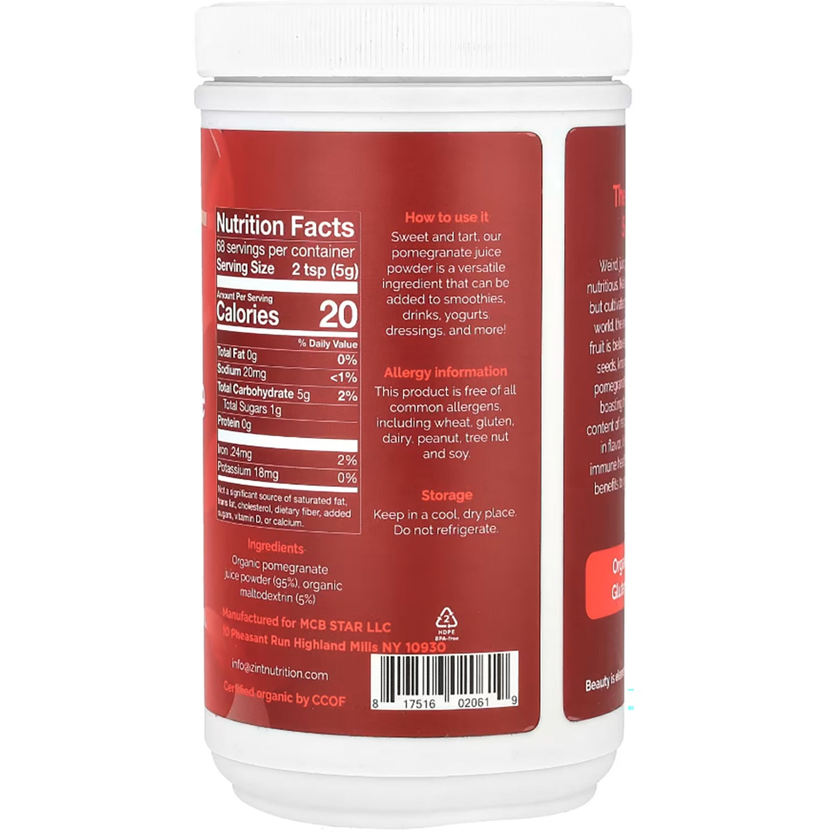 ZIN031 | Pomegranate juice powder label with nutrition facts, ingredients, usage, allergen info, and barcode